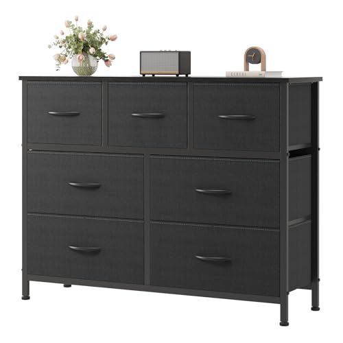 OLIXIS Black Dresser for Bedroom with 7 Fabric Drawers Storage Organizer | Wardrobe Closet for Clothes Storage, Steel Frame & Wooden Top, Cabinet Vertical Dresser for Living Room, Entryway Hallway - color: Black, size: 11.8"D x 39.4"W x 30"H (7 Drawers)