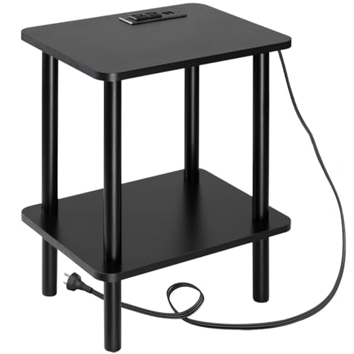 FORAOFUR Black Narrow End Table with Charging Station, 2 Tier Coffee Table | Ultra-narrow 11.8" width fits tight spaces, USB & outlets, sleek black finish, sturdy MDF build, assembles in 15 mins - color: Black