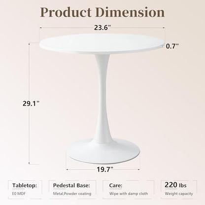 61cm(24인치) 원형 식탁, 금속 받침대 베이스가 있는 중세 튤립 테이블, 좁은 공간의 주방 다이닝 룸을 위한 현대적인 레저 테이블, 쉬운 조립, 화이트 - color: 화이트., size: 23.6 Inch