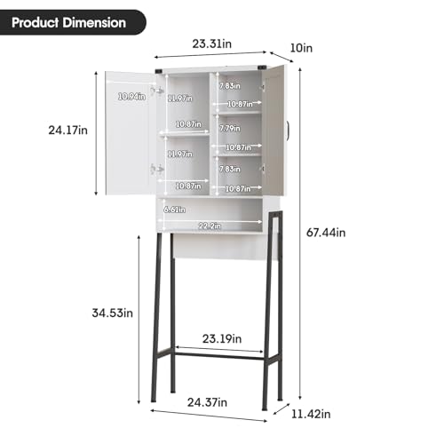 Vabches Over The Toilet Storage Cabinet with 2-Door Design Bathroom Organizers and Storage with Anti-Tip Device Over Toilet Organizer with Shelves for Bathroom,Restroom,Laundry White - color: White