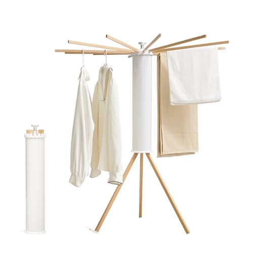 JOOM Tripod Clothes Drying Rack, Garment Rack Portable and Foldable Space Saving Laundry Drying Rack - Drying Rack Clothing 12 Rods Wooden - color: Wooden 12 Rods, size: Standard