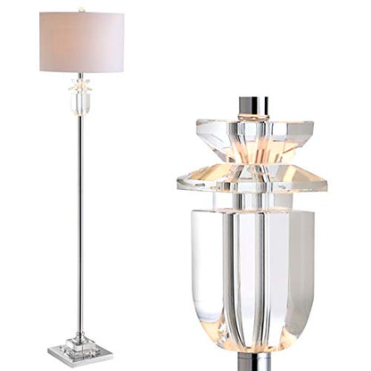JONATHAN Y Aria 63" Faceted Crystal Metal LED Floor Lamp, Clear/Chrome | Contemporary Glam Style, White Linen Drum Shade, Rotary Switch, 72" Silk Cord, Bulb Included, For Living Room
