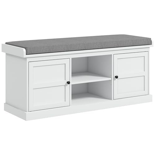 HOMCOM Shoe Bench with Cushion Storage Bench for Entryway White | Padded Seat, 2 Cabinets, Adjustable Shelf, for Hallway Living Room Bedroom