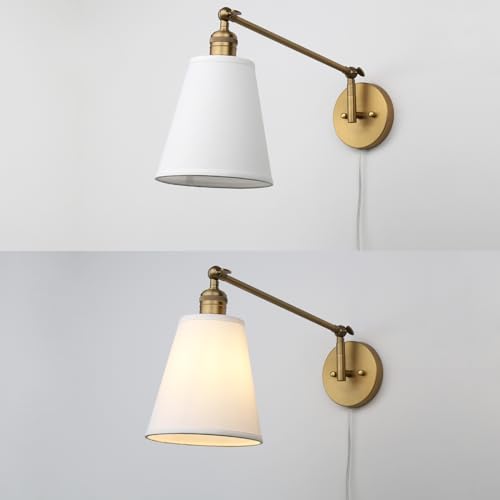 Retro Swing Arm Wall Sconce Plug in Wall Lamp Single Sconce Light Fixture with White Fabric Shade for Bedroom Living Room Home Office - color: Antique Gold