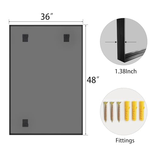 48x36 Black Bathroom Mirrors for Over Sink, Wall Mounted Bathroom Vanity Mirror, HD Distortion-Free Tempered Glass, Anti-Rust Brushed Matte Aluminum Alloy Frame, Horizontal or Vertical Hanging - size: 48"L x 36"W