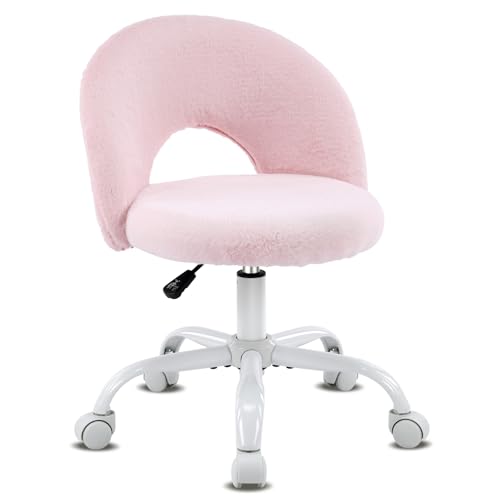 VINGLI Small Vanity Chair with Faux Fur Wheels for Girls,Cute Adjustable Height Armless Office Desk Chair,360°Swivel Comfy Rolling for Study,Make up Room,Small Space,Light Pink - color: Furry Pink