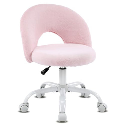 VINGLI Small Vanity Chair with Faux Fur Wheels for Girls,Cute Adjustable Height Armless Office Desk Chair,360°Swivel Comfy Rolling for Study,Make up Room,Small Space,Light Pink - color: Furry Pink