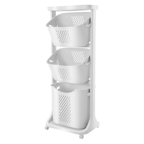 Rolling Laundry Hamper Storage Sorter, 3 Tier Rolling Laundry Hamper Cart White Laundry Baskets with Wheels for Kitchens Bathrooms Bedrooms Classrooms Laundry Rooms