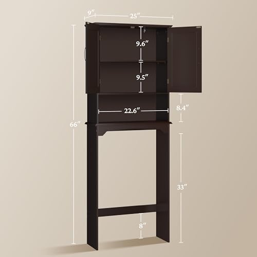 Yaheetech Over The Toilet Storage with 2 Doors & Adjustable Shelf, Free Standing Toilet Rack Wooden Space-saving Collect Cabinet, Bathroom Furniture, 9Dx24.5Wx66H Inches, Espresso | Doors Hide Clutter, Open Cubby Keeps Essentials Handy, Slim 9-Inch Depth