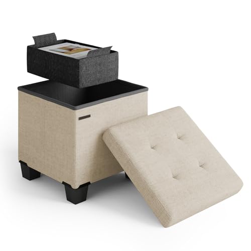 Storage Ottoman Cube with Small Bin, 15-in Square Ottoman with Storage for Living Room and Bedroom, Small Ottomans Foot Rest, Fabric Foot Stools Ottomans Max 330lbs, Beige - color: 08 - Beige