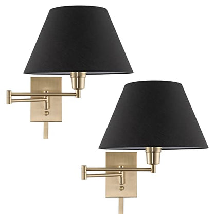 Kira Home Cambridge 15" Modern Swing Arm Wall Sconce + 3-Way Switch, 2-Pack | Black Empire Fabric Shade, 2-in-1 Plug In or Hardwired Gold Bedroom Wall Lamp with Dimmer Switch, Cool Brass Finish - color: Cool Brass,Black Shade,2-Pack