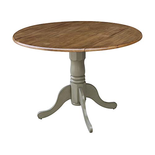 IC International Concepts, 42" Round Dual Drop Leaf Pedestal Dining Table, Solid Real Wood, Sturdy Parawood, Distressed Hickory/Stone - color: Distressed Hickory/Stone