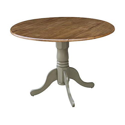 IC International Concepts, 42" Round Dual Drop Leaf Pedestal Dining Table, Solid Real Wood, Sturdy Parawood, Distressed Hickory/Stone - color: Distressed Hickory/Stone