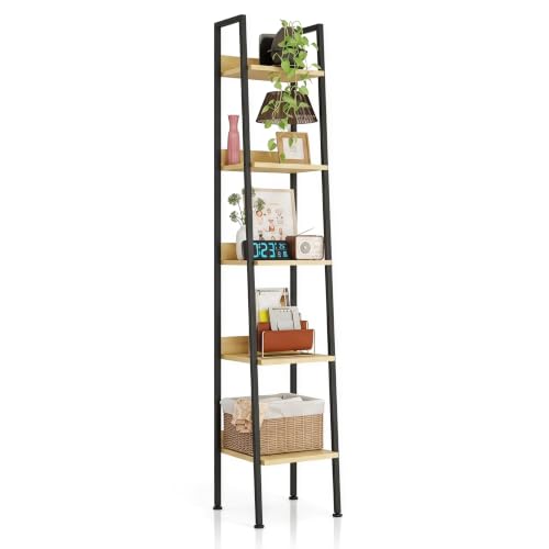 5 Tier Ladder Shelf,13.5” Wide Tower Storage Shelf,Natural Oak | Skandiquip 13.5” Narrow Ladder Shelf, Steel Frame Anti-Tip Tall Storage Tower for Books & Plants, Kitchen Living Room Office - color: Natural Oak, size: 5 Tier