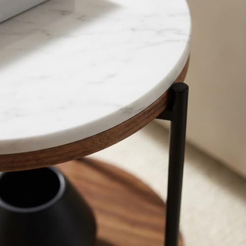 Lyra Round Marble End Table – Solid Acacia Wood Shelf, Open Storage Side Table for Living Room, Bedroom, Entryway, Small Spaces – Nightstand, Plant Stand, Modern Accent Table with Metal Frame - color: Lyra White