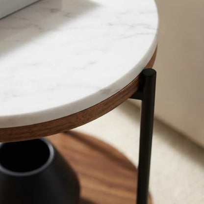 Lyra Round Marble End Table – Solid Acacia Wood Shelf, Open Storage Side Table for Living Room, Bedroom, Entryway, Small Spaces – Nightstand, Plant Stand, Modern Accent Table with Metal Frame - color: Lyra White