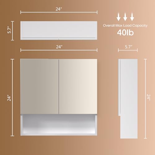 Bathroom Cabinet with Mirror, Wall Cabinet with 2 Mirrored Doors, Adjustable Shelf, Open Compartment, Wall-Mounted, 24x24 Inches, White (Assembly Required) - color: White, size: W24 x H24 - 2 Door