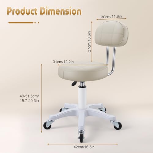 Small Armless Office Desk Chair with Back, Faux Leather Vanity Chair with Wheels - Height Adjustable, 360° Swivel, Ergonomic Rolling Computer Stool for Home Bedroom Office Beige