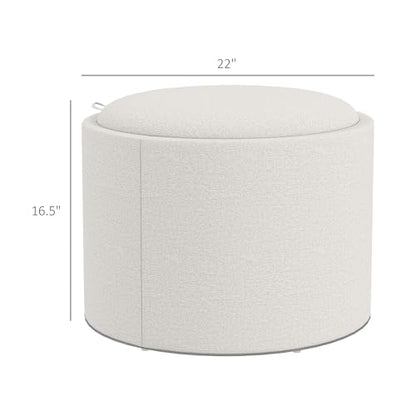 HOMCOM Round Storage Ottoman with Flip Top Tray, Footstool, Cream White | Upholstered Fabric, Small Coffee Table, Hidden Compartment, Accent Vanity Stool, Living Room
