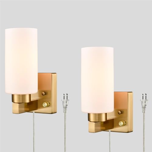 DEYNITE Modern Plug in & Hardwired Wall Sconce Brass Bathroom Vanity Light | Set of 2 Wall Mounted Light with milky white glass shade rotary on/off dimmable switch for bathroom bedroom