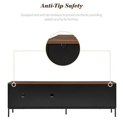 Modern TV Stand 71 in for TVs up to 75 Inches, Entertainment Center with Sliding Doors and Adjustable Shelves for Living Room, Black Media Console with Walnut Top and Sturdy Metal Frame - color: Black-h-70.90 X 15.70 X 22.50 Inch