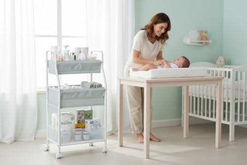 Rolling Utility Cart with Wheels, 3-Tier Diaper Cart, Rolling Nursery Cart & Baby Caddy Organizer for Nursery Essentials, Bedside/Postpartum Cart, Craft & Art Storage, Rolling Book Cart - size: WITHOUT_SIDE_STORAGE