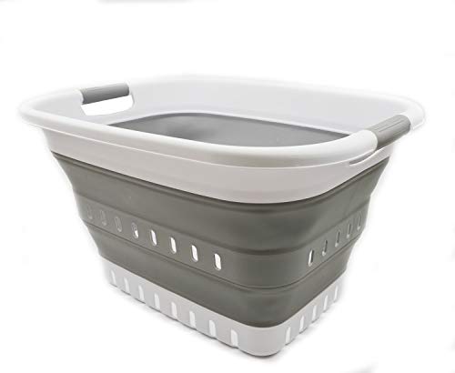 SAMMART 37L (9.77 gallon) Collapsible Plastic Laundry Basket - Foldable Pop Up Storage Container/Organizer - Space Saving Hamper/Basket (1, White/Grey) - color: White/Grey