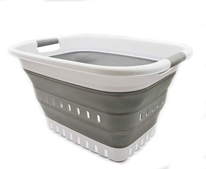 SAMMART 37L (9.77 gallon) Collapsible Plastic Laundry Basket - Foldable Pop Up Storage Container/Organizer - Space Saving Hamper/Basket (1, White/Grey) - color: White/Grey