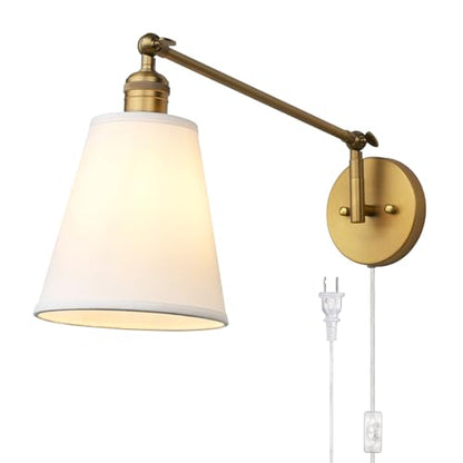 Retro Swing Arm Wall Sconce Plug in Wall Lamp Single Sconce Light Fixture with White Fabric Shade for Bedroom Living Room Home Office - color: Antique Gold