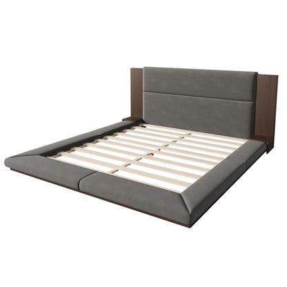 Velvet Upholstered Floor Platform Bed with Extended Wood Headboard & Bedside Shelves - No Box Spring Needed, Low Profile Bed Frame with Storage Space, Gray (King)