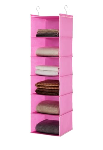 MAX Houser 6-Shelf Hanging Closet Organizer with 2 Sturdy Hooks, Pink | Dorm Room Essentials with 2 sturdy hooks, foldable lightweight fabric closet storage, space-saving design for Bedroom - color: Pink