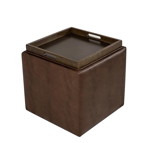 HomePop 17.5" Storage Ottoman with Tray Top - Brown Faux Leather - color: Brown Faux Leather
