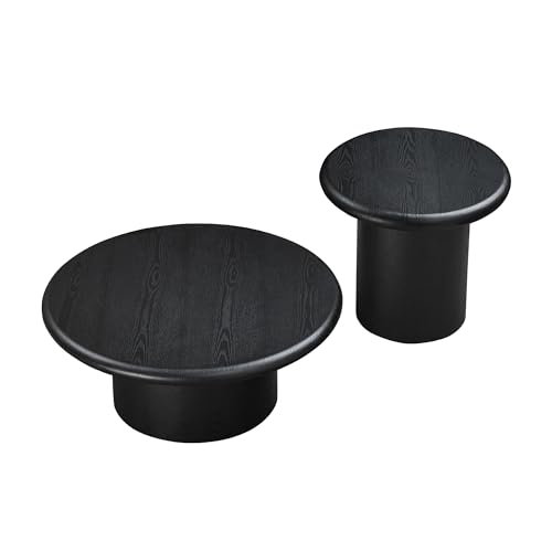 Round Nesting Coffee Table Set of 2, Modern 2-Piece Circle Wooden Center Table with Base, Accent Tea Table for Living Room Apartment, Easy Assembly, 31.5" & 20.87" (Black) - color: 31.5" & 20.87",black