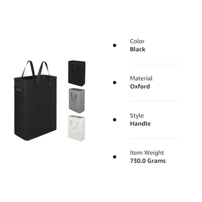 Narrow Laundry Hamper, Skinny Laundry Basket, 45L Black, 24" | Slim Laundry hamper for Small Spaces laundry bag with handle, Foldable clothes hampers for laundry basket organizer - color: Black (With Handles)