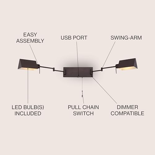 JONATHAN Y Arlo 54" 2-Light Double Swing Arm Metal Lamp, Oil Rubbed Bronze | Industrial Farmhouse Design, Pull Chain Switch, USB Charging Port, Hardwired, Adjustable Shades, LED Bulbs Included - color: Oil-Rubbed Bronze, size: 2-Light