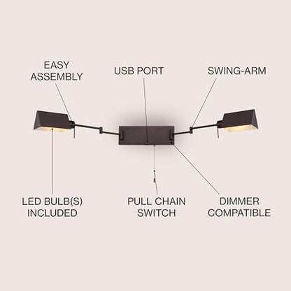 JONATHAN Y Arlo 54" 2-Light Double Swing Arm Metal Lamp, Oil Rubbed Bronze | Industrial Farmhouse Design, Pull Chain Switch, USB Charging Port, Hardwired, Adjustable Shades, LED Bulbs Included - color: Oil-Rubbed Bronze, size: 2-Light
