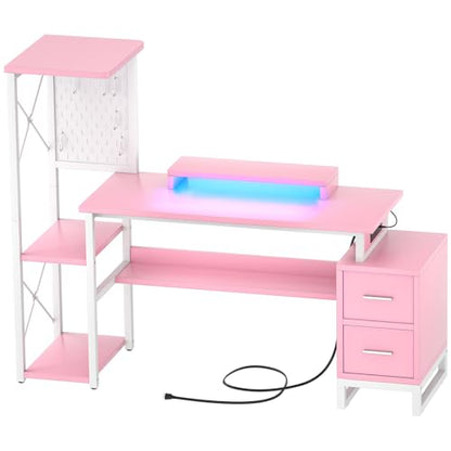 Computer Desk with 2 Fabric Drawers - Reversible Home Office Desk with Power Outlet & LED Lights, 53" Writing Desk with Monitor Stand & Storage Shelves, Gaming Desk Study Table with Pegboard, Pink - color: Pink