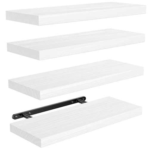 Amada Paulownia Wood Floating Shelves for Wall, Set of 4, White | Wall Shelves with Solid Metal Concealed Brackets, 22 lbs Capacity per Shelf, Includes Drilling Template, Flexible 4-Piece Set - color: White, size: 4