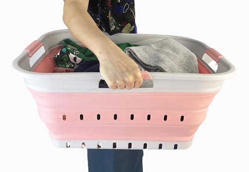 SAMMART 42L (11 gallon) Collapsible Plastic Laundry Basket - Foldable Pop Up Storage Container/Organizer - Space Saving Hamper/Basket (1, Grey/Quartz Pink) - color: Grey/Quartz Pink