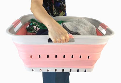 SAMMART 42L (11 gallon) Collapsible Plastic Laundry Basket - Foldable Pop Up Storage Container/Organizer - Space Saving Hamper/Basket (1, Grey/Quartz Pink) - color: Grey/Quartz Pink