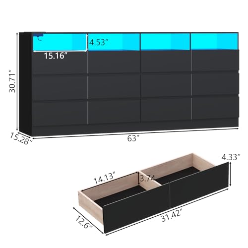 Gyfimoie 12-Compartment Divided Drawer Dresser w/Power Outlet, LED Light | Modern Dresser with 4 Open Cubbies, Spacious Chest of Drawers, and TV Stand Function for Living Room - color: Black, size: 15.8"D x 63"W x 31.5"H (12 Drawers)