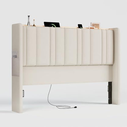 Queen Size Headboard with Storage, LED Light, Linen Vertical Wingback Headboard with Charging Station, Upholstered Head Board Queen w/High-Density Sponge Padding, 2 Storage Pockets, Off White | Linen Vertical Wingback Headboard w/ Charging Station, Uphols