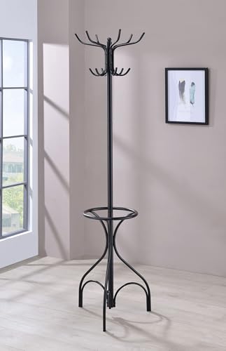Coaster Home Furnishings - Kiefer - Metal - 12-Hook Freestanding Coat Rack with Umbrella Holder and Curved Base - Entryway, Hallway - 70-Inch - Black - 900821