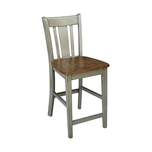 IC INTERNATIONAL CONCEPTS 30" Round Pedestal Gathering Height Table with 2 San Remo Counter Height Stools, Distressed Hickory/Stone - color: Distressed Hickory/Stone
