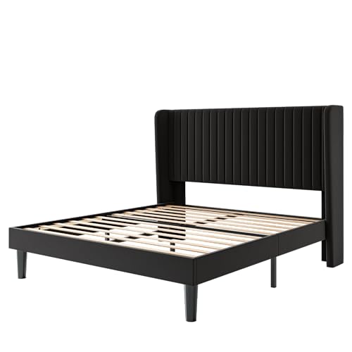 SHA CERLIN Queen Size Velvet Bed Frame, Tufted Wingback Headboard, Black | 47'' Modern Vertical Channel Headboard, Upholstered Platform Bed, Wood Slats, No Box Spring Needed, Easy Assembly, Noise Free - color: Black, size: Queen