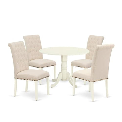 East West Furniture DLBR5-WHI-02 5 Piece Dining Table Set for 4 Includes a Round Kitchen Table with Dropleaf and 4 Light Beige Linen Fabric Upholstered Chairs, 42x42 Inch, Linen White - color: Dlbr5-whi-02