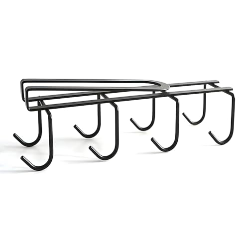 Under Shelf Mug Holder, Metal Cup Rack with 8 Hooks, Space-Saving Kitchen Storage Organizer, Black, Drill-Free Installation