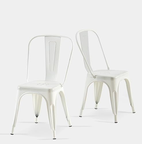 Metal Dining Chairs Set of 2,Distressed White | Iron Industrial Stackable Bistro Cafe Kitchen Indoor Outdoor Patio - color: Cloud White Vintage