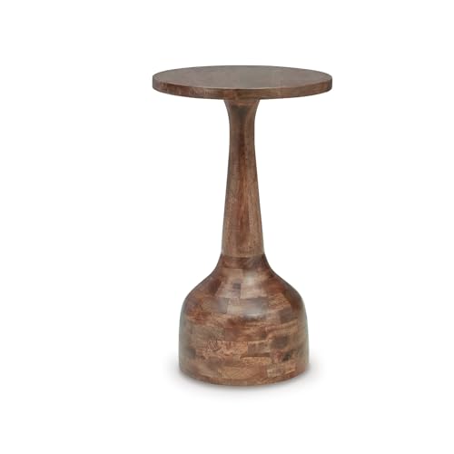 Signature Design by Ashley Round Pedestal Accent Table, Joville | Wood pedestal side table, Compact 14-in diameter tabletop, Space-saving profile for tight nooks, Contemporary home styling - color: Medium Brown