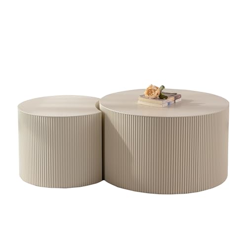 Nesting Coffee Table Set of 2, Round & Crescent Moon Wood Coffee Table and End Table Sets, Modern Luxury Accent Center Tea Table for Living Room Bedroom, （Beige + Cream, 27.56" & 19.69" - color: 27.56" & 19.69"-beige